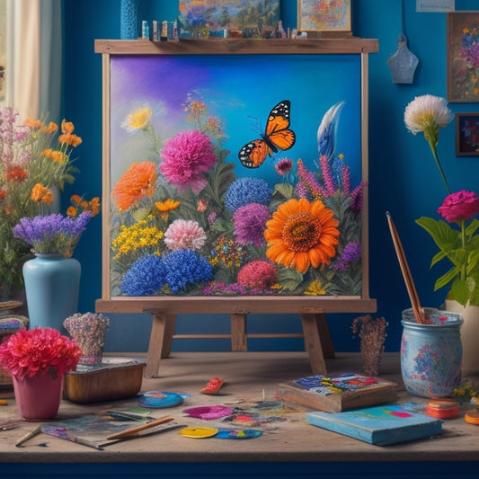 A vibrant, whimsical illustration of a young artist's studio, overflowing with colorful paints, brushes, and canvases, with a majestic easel at its center, surrounded by blooming flowers and fluttering butterflies.