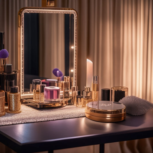 A close-up of a clutter-free makeup station with a few strategically placed, neatly organized products, a timer, and a pair of false eyelashes, surrounded by a subtle, glittering dance floor-inspired background.