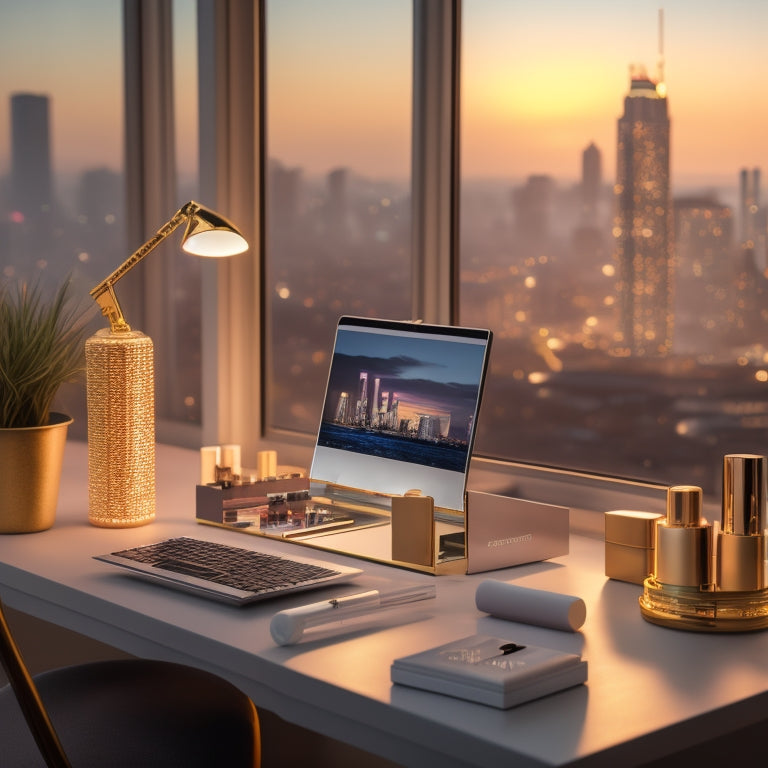 A minimalist, elegant makeup station with a laptop, brushes, and various makeup products, surrounded by soft, golden lighting, with a subtle, blurred background of a cityscape at dusk.