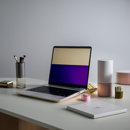 A minimalist desk with a laptop, a makeup brush, and a few colorful eyeshadows, surrounded by subtle, blurred cosmetic products, with a soft, pastel-colored background and natural light.