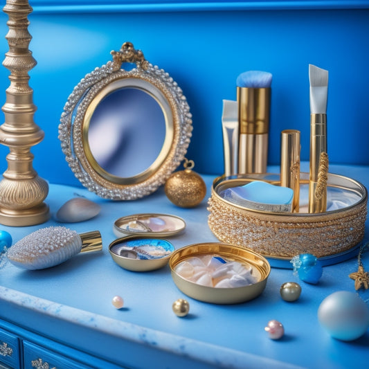 A soft-focus, golden-lit makeup station setup with nautical accents: anchor-shaped brushes, rope-wrapped mirror, and a delicate seashell-adorned makeup box, surrounded by scattered pearls and ocean-blue eyeshadows.