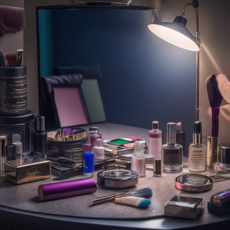 A cluttered makeup station with various products and tools scattered around, featuring a central mirror surrounded by brushes, palettes, and makeup bags, with a dimly lit studio background.