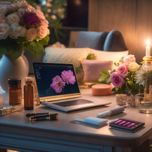 A glamorous, well-lit makeup station with a laptop, brushes, and cosmetics, surrounded by delicate flowers and soft, flowing fabrics, conveying a sense of elegance and professionalism.