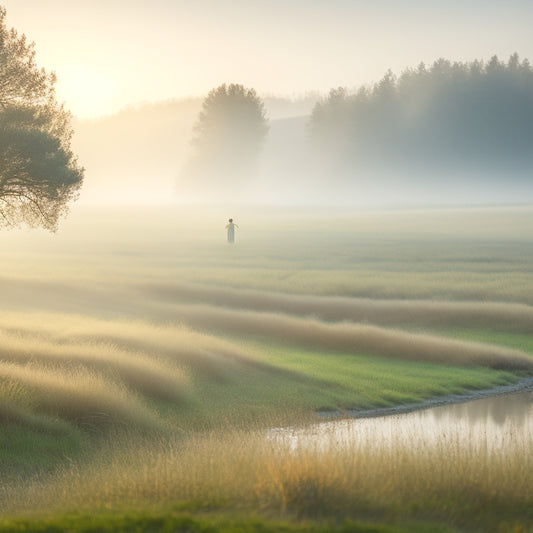 A serene, misty morning landscape with a lone figure in the distance, stretching in a flowing, curved motion, surrounded by dewy grass and faint, golden light.
