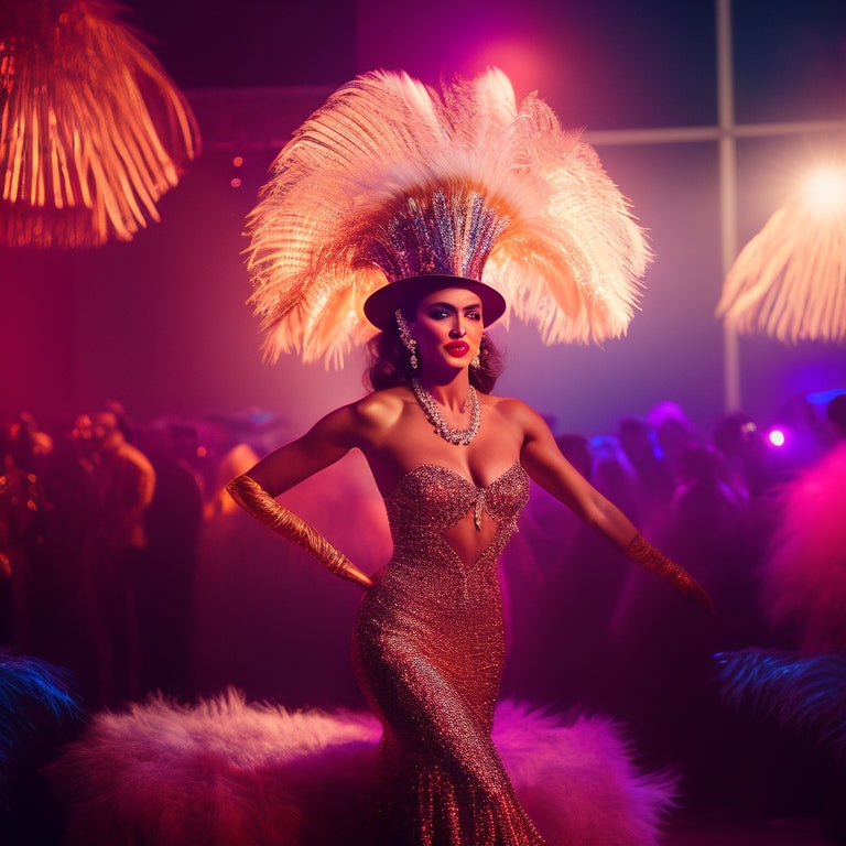 A glamorous, spotlight-lit stage with a solo, confident female dancer in a sparkling, fringe-adorned costume, surrounded by feathers, boas, and top hats, showcasing sass and sophistication.