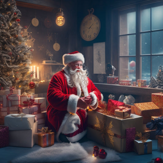 A whimsical illustration of Santa Claus standing in a snowy workshop surrounded by unwrapped gifts, musical notes, and twinkling lights, with a festive holiday atmosphere and joyful energy.