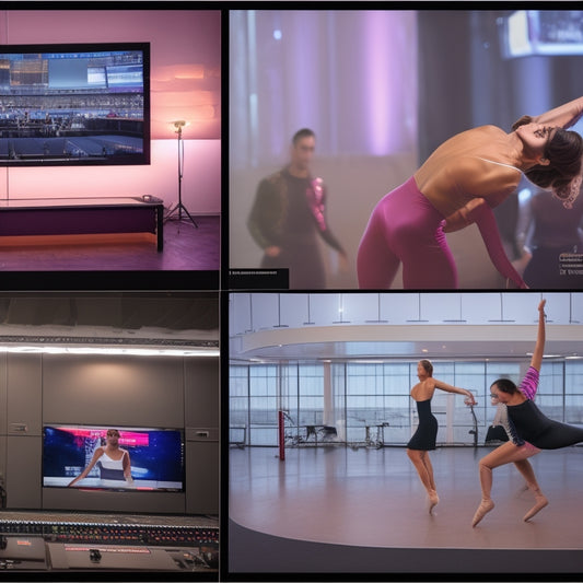 A split-screen image featuring a dancer in a studio on one side, surrounded by dance floors, mirrors, and barres, and a video editing workstation on the other, with screens displaying video footage and editing software.