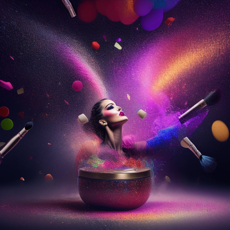 A colorful, abstract illustration depicting a dancer in motion, surrounded by swirling makeup brushes, lipsticks, and mirrors, with a subtle background of stage lights and confetti.