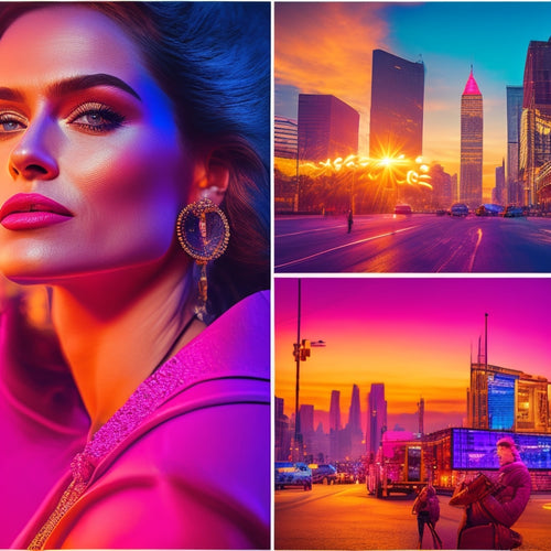 A vibrant, neon-lit cityscape at sunset, with TV screens and cameras scattered throughout, featuring glamorous models, musicians, and celebrities in dynamic, energetic poses.