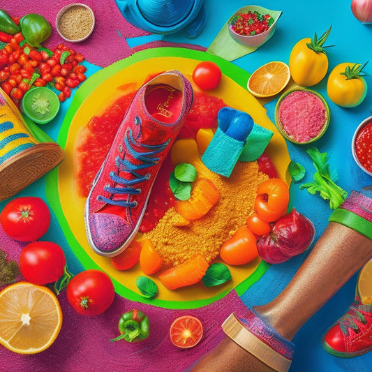 A colorful, vibrant illustration of a person wearing Converse shoes, surrounded by salsa ingredients like tomatoes, onions, and peppers, with a subtle dance floor or Latin-inspired background pattern.