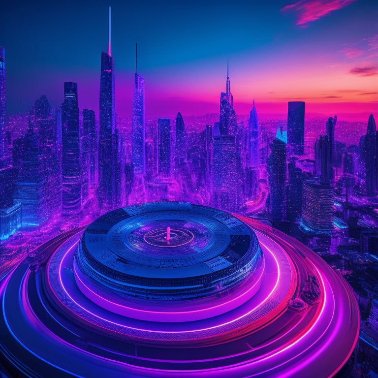 A futuristic cityscape at dusk with neon-lit skyscrapers, surrounded by swirling soundwaves and musical notes in shades of electric blue and purple, emanating from a glowing vinyl record at the center.