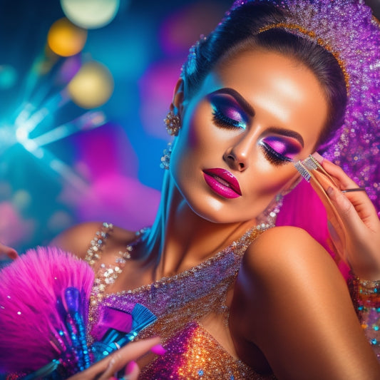 A stunning, glamorous dancer in a sparkling costume, surrounded by makeup brushes, mirrors, and colorful palettes, with a subtle, shimmering spotlight effect highlighting the makeup application process.