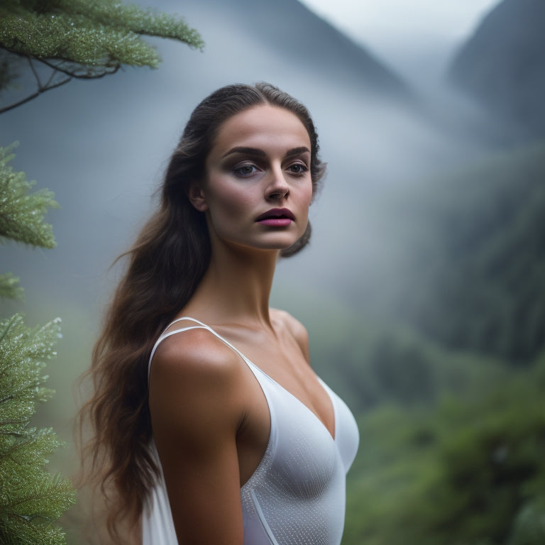 A serene dancer in a flowing white leotard, surrounded by lush greenery, stands on a misty morning mountain trail, with a subtle sparkle of dew on her skin and hair.