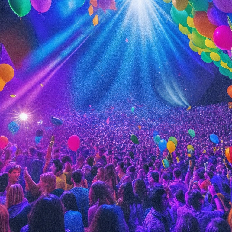 A vibrant illustration of a packed Indiana University auditorium, with students dancing, cheering, and holding glow sticks, surrounded by colorful balloons and streamers, amidst a sea of enthusiastic faces.