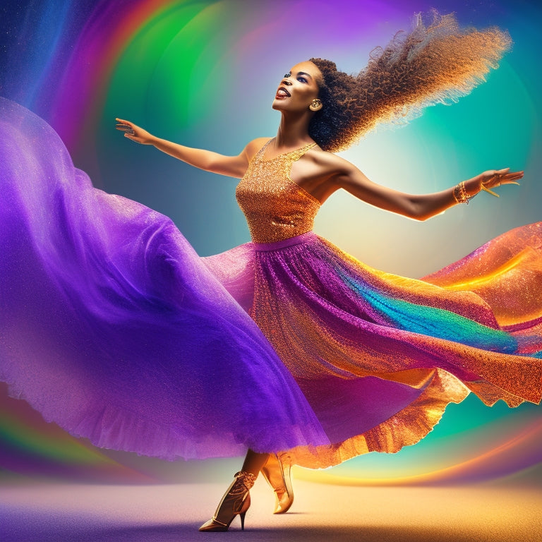 A vibrant illustration of a young woman dancing in the spotlight, surrounded by swirling colors and musical notes, with a subtle gradient background transitioning from warm to cool tones.