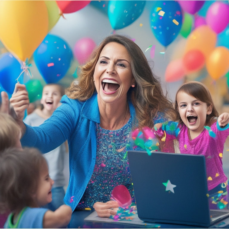 A colorful illustration of a happy mom, surrounded by dancing kids, laptops, and shopping bags, with confetti and balloons in the background, conveying excitement and celebration.