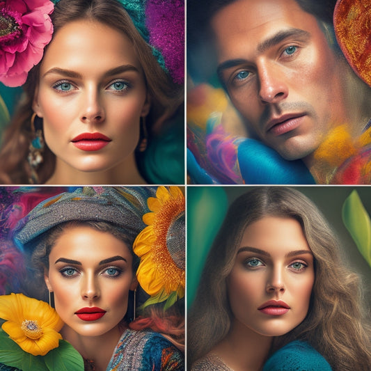 A whimsical, dreamlike portrait gallery with 5-7 eclectic frames, each containing a distinct, vibrant, and expressive face, surrounded by swirling brushstrokes, abstract patterns, and textures that evoke emotions and personalities.
