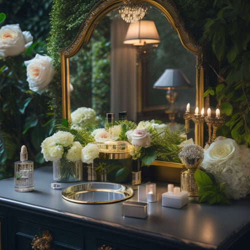 A beautifully lit, elegant vanity table with a plethora of high-end makeup products, brushes, and mirrors, surrounded by lush greenery and soft, white flowers, with a stunning wedding veil draped elegantly in the background.