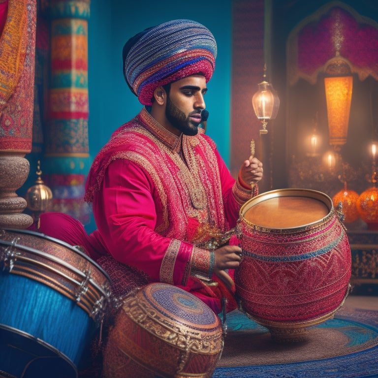 A vibrant illustration of an Arabic drummer in traditional attire, surrounded by ornate lanterns and intricate patterns, with a mesmerizing spiral of drumsticks and rhythmic waves.