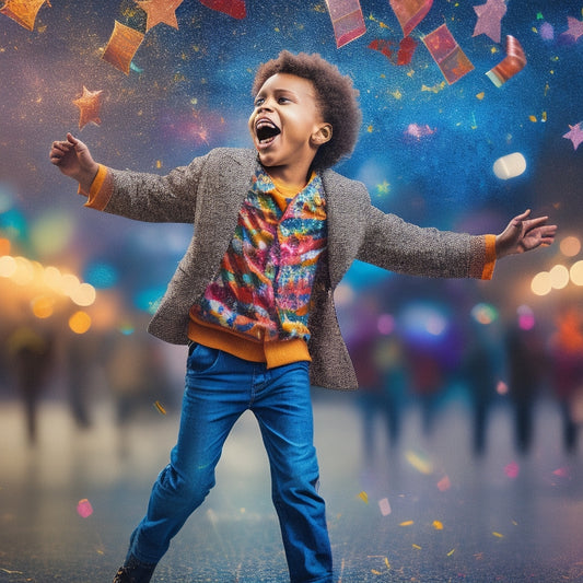 A vibrant illustration of a joyful boy dancer in mid-pose, surrounded by colorful musical notes, stars, and confetti, with a blurred background of a cityscape or stage lights.