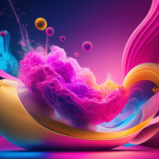 A vibrant, abstract illustration featuring swirling dance-inspired shapes in shades of bright pink, electric blue, and sunshine yellow, blending seamlessly with stylized musical notes and creative sparks.