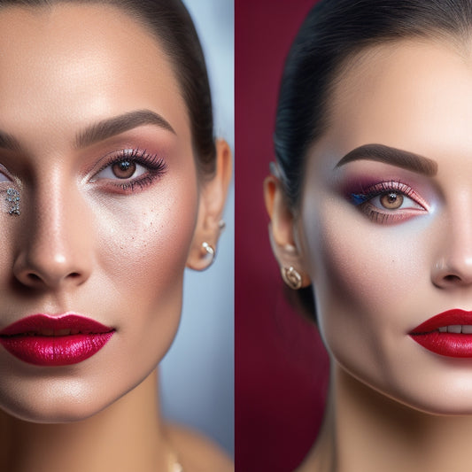 A split-screen image featuring a before-and-after comparison: a bare-faced dancer on the left, and on the right, the same dancer with a glamorous, sparkly eye shadow, bold red lips, and flawless foundation.