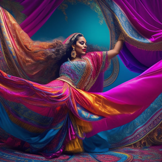 A whimsical illustration of a belly dancer in mid-motion, surrounded by swirling patterns of scarves, veils, and exotic fabrics, with subtle hints of digital screens and virtual backgrounds.