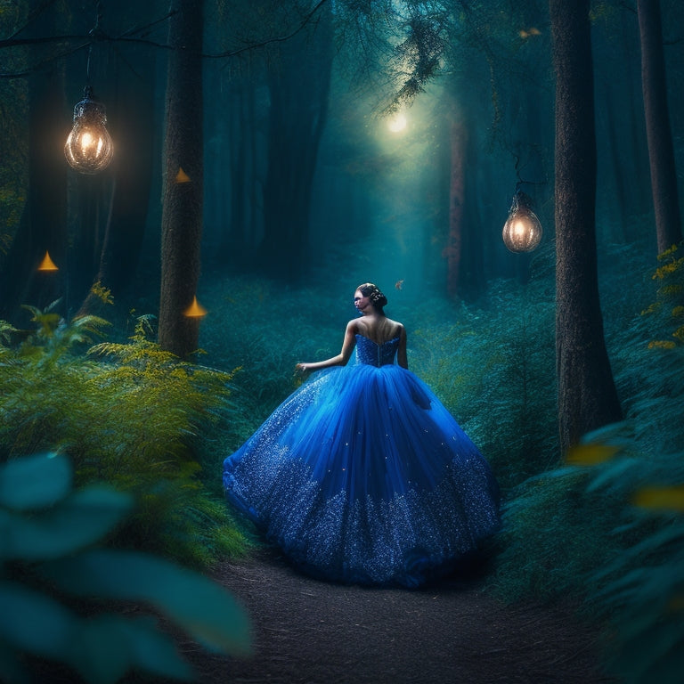 A whimsical, moonlit scene: a solitary dancer, surrounded by fluttering music notes, twirls in a flowing, starry-night-blue gown amidst a lush, vibrant forest, with fireflies dancing around her.