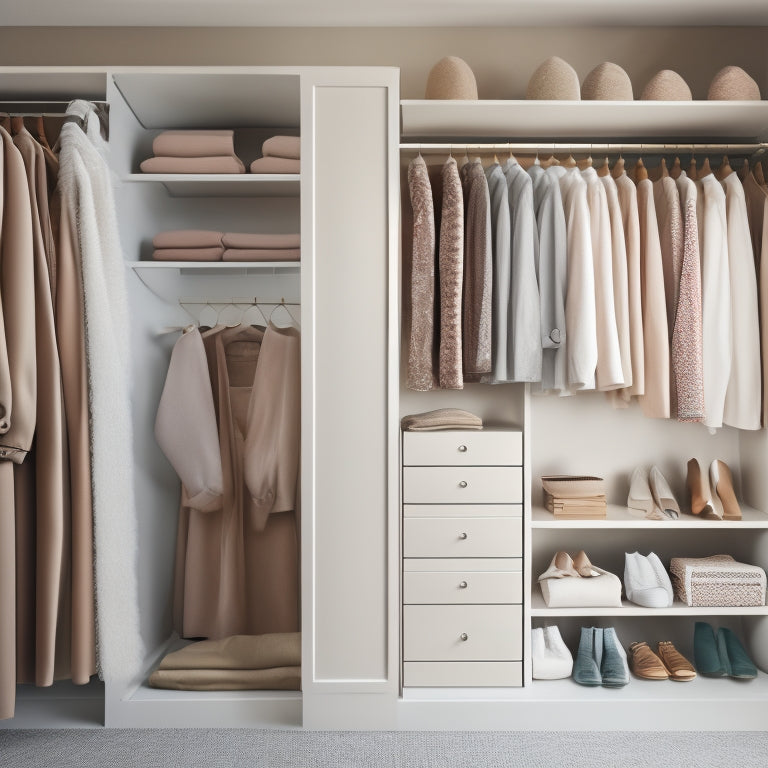 A serene, minimalist closet interior with a section dedicated to dresses, featuring a mix of short and long, colorful and neutral-hued garments organized on velvet-covered hangers and stacked on shelves.