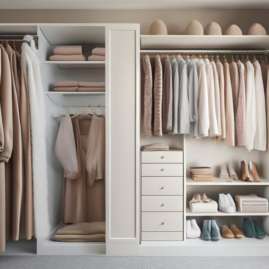 A serene, minimalist closet interior with a section dedicated to dresses, featuring a mix of short and long, colorful and neutral-hued garments organized on velvet-covered hangers and stacked on shelves.