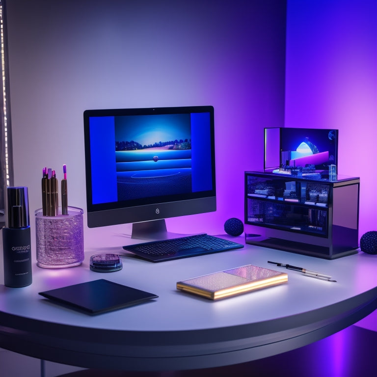 A futuristic makeup station with a laptop displaying a digital course, surrounded by brushes, palettes, and mirrors, with a blurred-out dance studio background and a hint of stage lights.