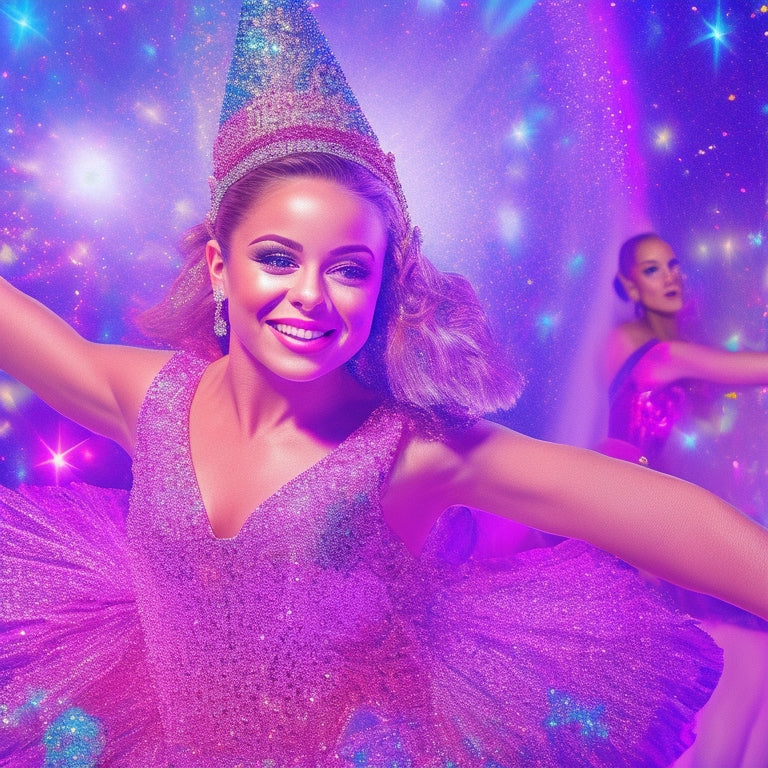 A vibrant illustration featuring a young dancer, circa 2010s, surrounded by sparkly costumes, glittery makeup, and a backdrop of bright stage lights, capturing the essence of the Dance Mom era.