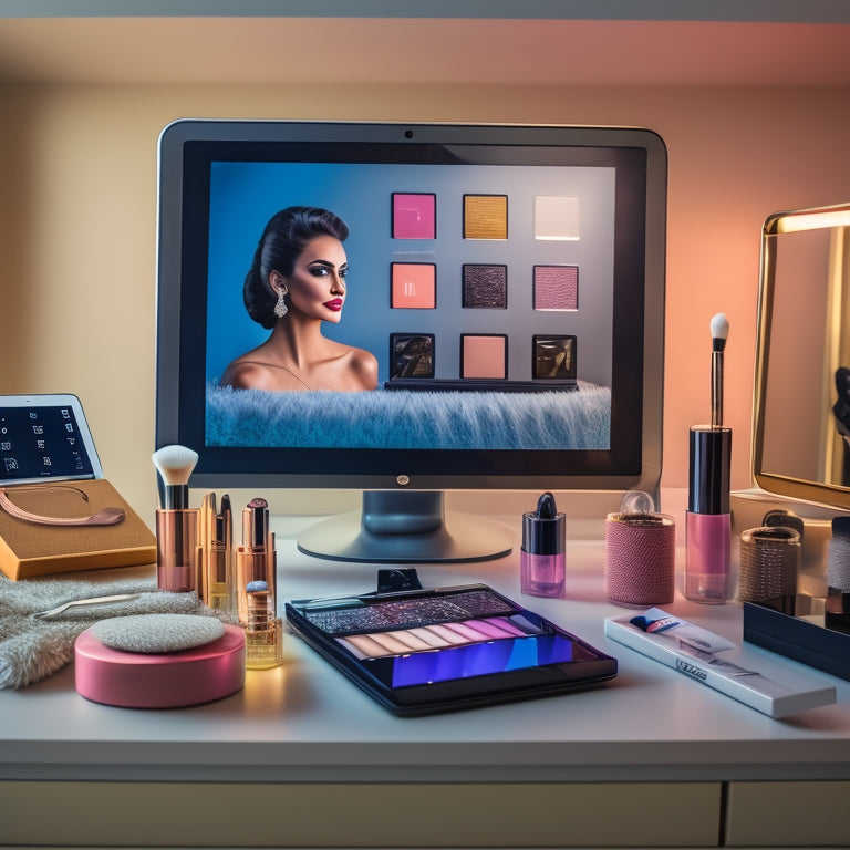 A serene, clutter-free vanity with a tablet displaying a digital makeup organizer app, surrounded by neatly arranged makeup products, brushes, and a few dance costumes in the background.