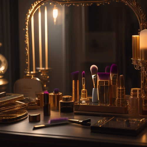 A glamorous, dimly lit vanity with an assortment of dance makeup tools, including brushes, palettes, and applicators, arranged artfully around a central mirror, surrounded by soft, golden lighting.