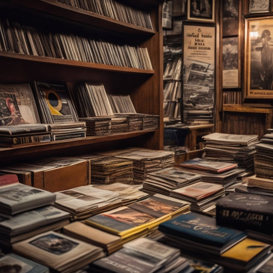 A cluttered, dimly lit vintage record store shelf overflowing with stacks of rare, dog-eared music magazines from the 1960s-1980s, with torn edges and faded covers, amidst scattered vinyl records and dusty guitars.