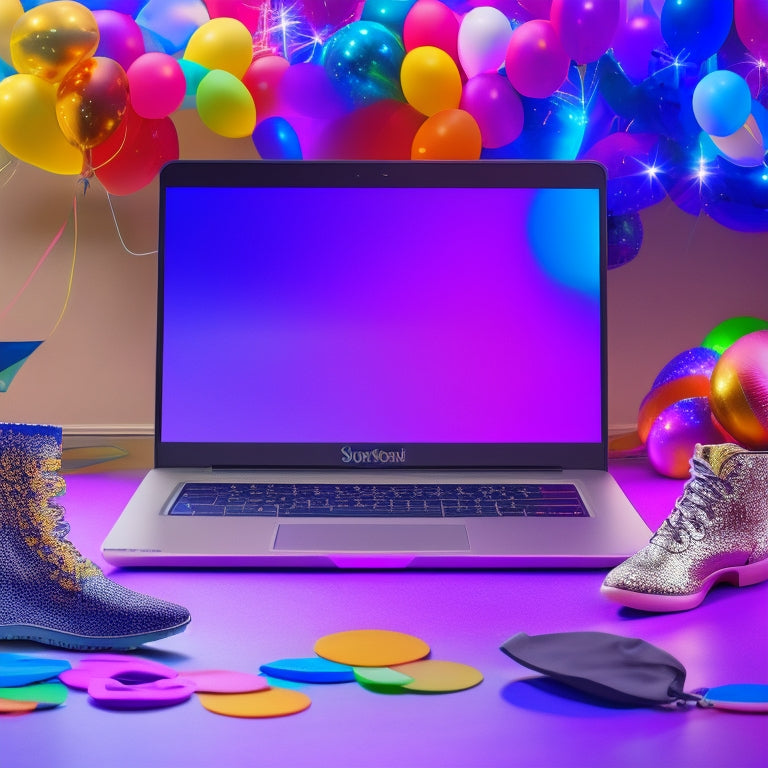 A vibrant, colorful illustration of a laptop screen displaying a virtual dance studio, surrounded by dance shoes, headphones, and a yoga mat, with confetti and balloons in the background, symbolizing celebration and joy.