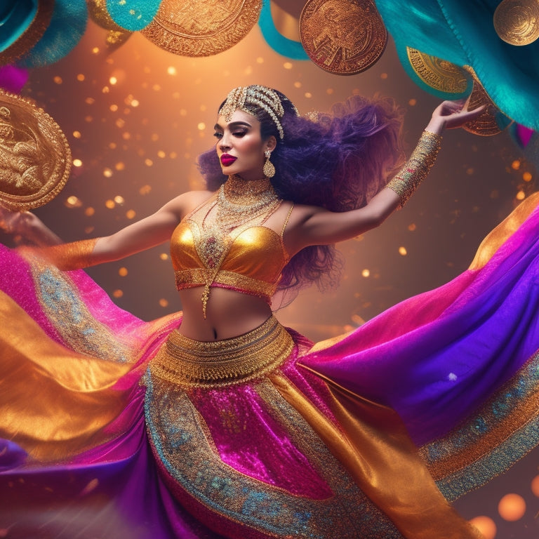 A whimsical illustration of a belly dancer in motion, surrounded by swirling Pinterest icons, colorful scarves, and shimmering coins, set against a warm, golden background.