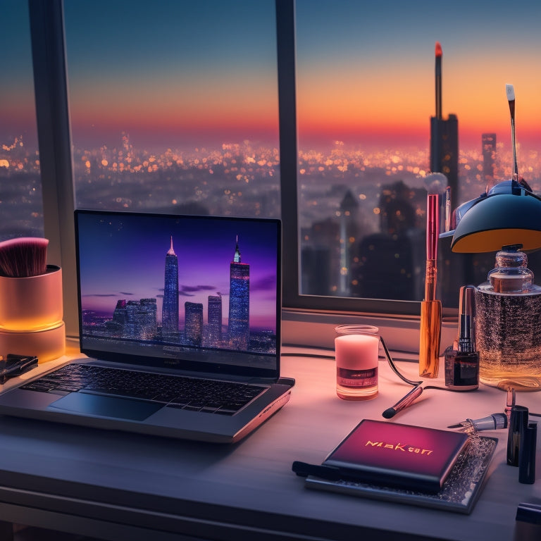 A stylized illustration of a makeup artist's workstation, with a laptop and smartphone displaying social media and website screens, surrounded by makeup brushes, lipsticks, and a subtle cityscape background at dusk.