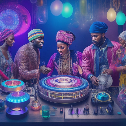 A vibrant illustration depicting a diverse group of people from different cultural backgrounds gathered around a DJ booth, surrounded by colorful lanterns, musical instruments, and global patterns, with sound waves emanating from the turntables.