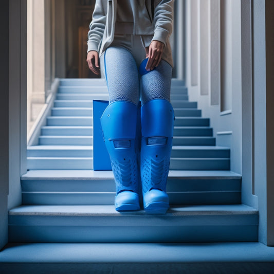 A person wearing knee pads and holding a moving box, standing in front of a staircase with a subtle gradient of blue and white hues, conveying a sense of caution and protection.