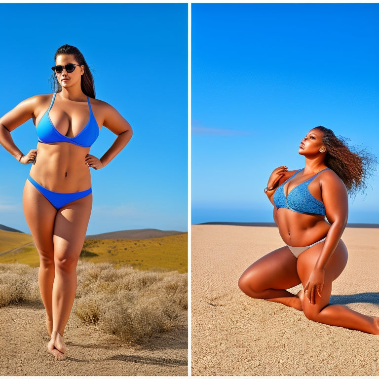 A split-screen image featuring a before-and-after comparison: a slender model wearing the old Altitude Thong on the left, and a curvy model wearing the updated, inclusive size range on the right, both posing confidently against a bright blue sky.