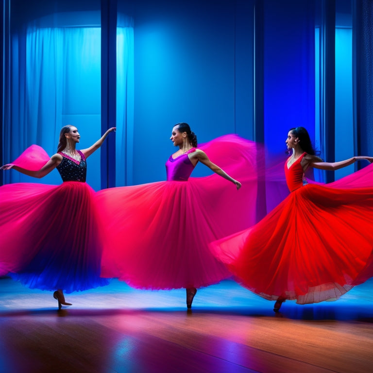 A vibrant dance studio with mirrors, showcasing a variety of flowing skirts in motion, featuring layers of chiffon and satin in bold colors like red, blue, and black, accentuated by twinkling lights.