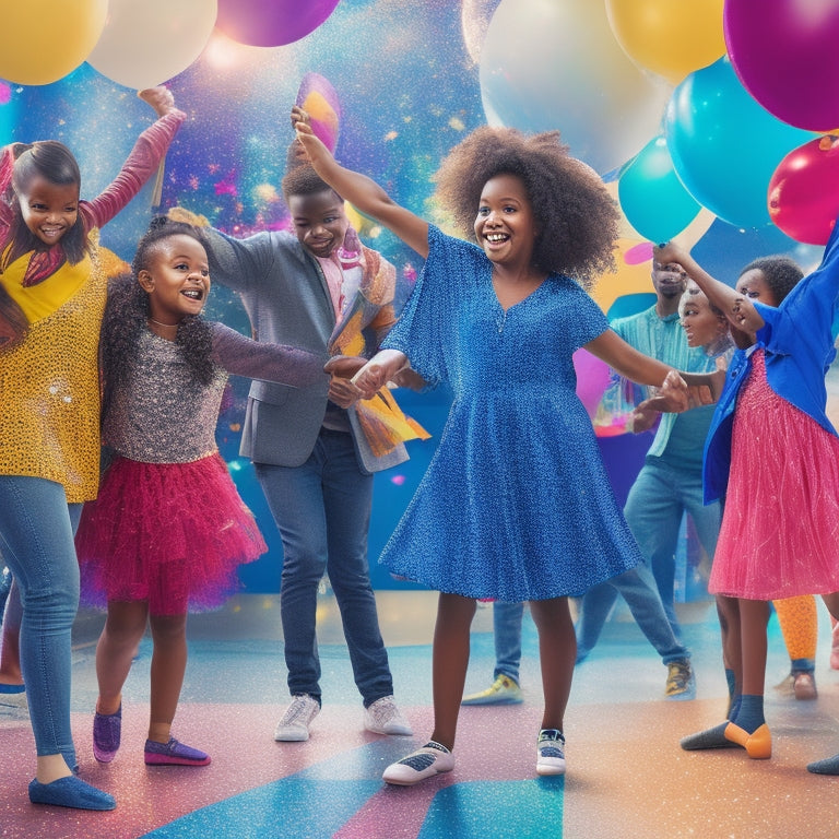 A vibrant illustration featuring a diverse group of adults and children dancing together in a bright, sunlit studio, surrounded by mirrors and ballet bars, with confetti and balloons adding a celebratory atmosphere.