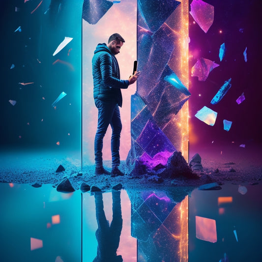 A stylized illustration of a person standing in front of a broken, fragmented mirror, with shards reforming into a cohesive, modern smartphone screen, surrounded by vibrant, swirling lights and abstract digital patterns.