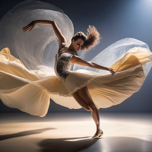 A spotlight shines on a dancer in a bold, dynamic pose, surrounded by swirling dance-inspired shapes and lines, with a subtle musical note pattern in the background.