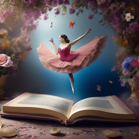 A whimsical illustration of a dancer twirling amidst swirling pages of a worn, leather-bound book, surrounded by scattered dance shoes, flowers, and scattered music notes.