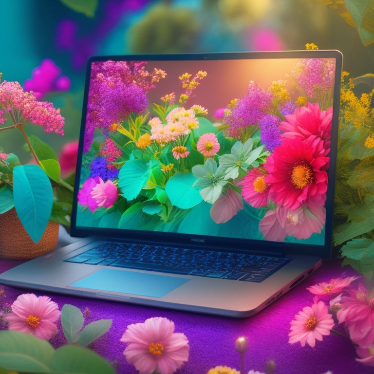 A stylized, modern illustration depicting a laptop with a glowing screen, surrounded by blooming flowers and vines, with a subtle, shimmering aura, conveying growth, empowerment, and digital success.