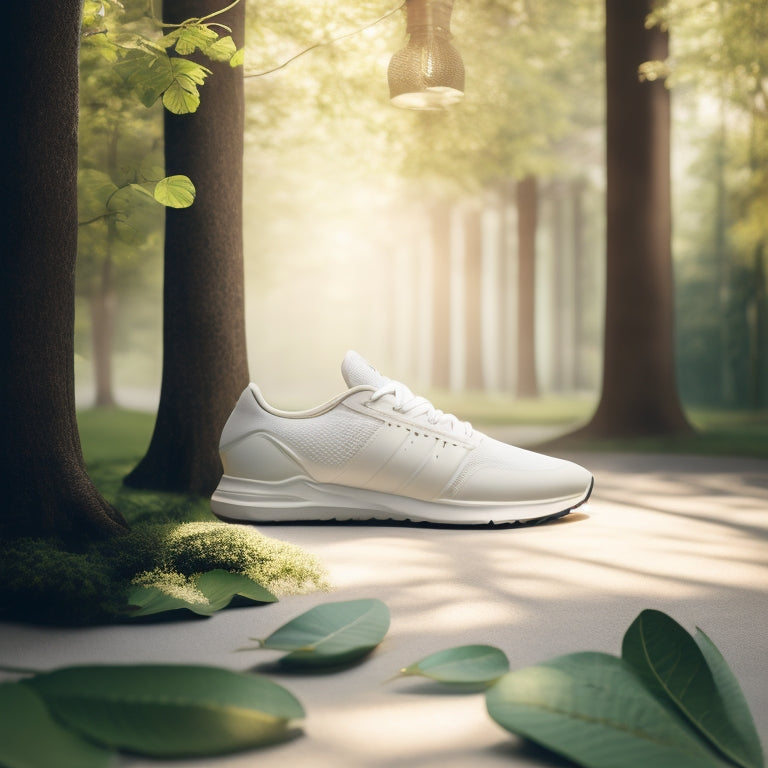 A serene, minimalist illustration featuring a delicate, bare foot with a subtle, glowing aura around the heel, surrounded by scattered, gentle, green leaves and a few, carefully placed, white athletic shoes.