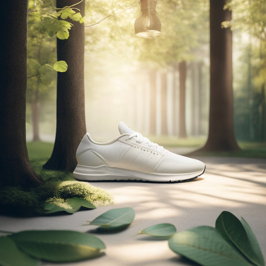 A serene, minimalist illustration featuring a delicate, bare foot with a subtle, glowing aura around the heel, surrounded by scattered, gentle, green leaves and a few, carefully placed, white athletic shoes.