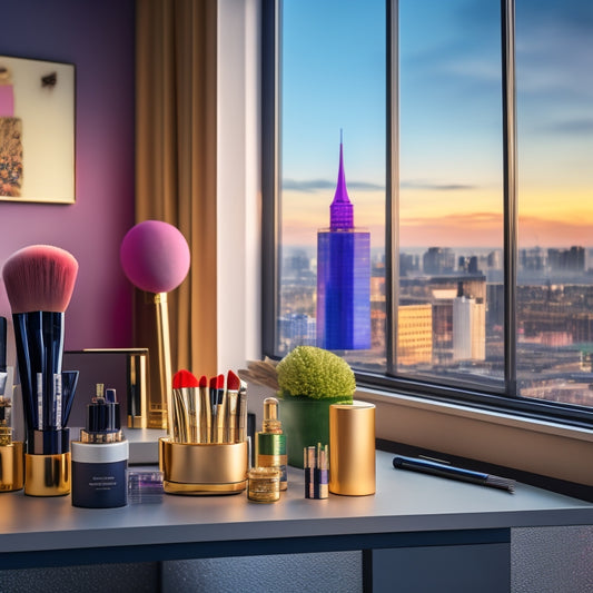 A sleek, modern makeup station with a rotating chair, surrounded by rows of colorful cosmetics and brushes, lit by soft, natural light, with a subtle cityscape background.